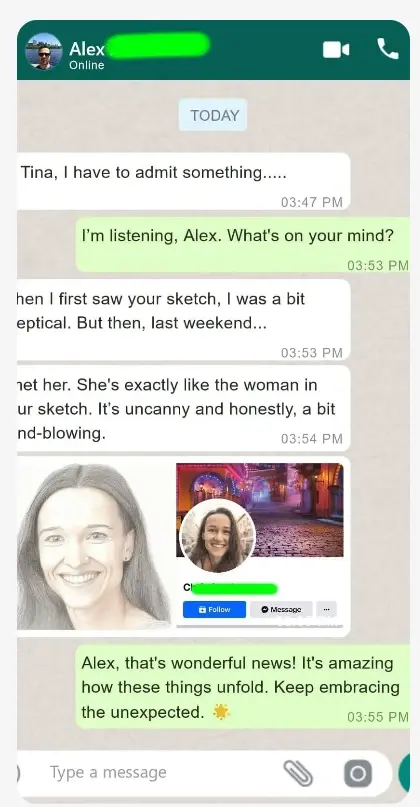 Customer testimonial collage showing chat-style feedback related to a soulmate sketch experience